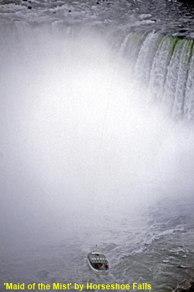  'Maid of the Mist' boat under Horseshoe Falls from Skylon, Niagara Falls, Ontario, Canada