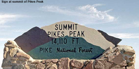 Sign at summit of Pikes Peak (14,110 feet), CO, USA Sign at summit of Pikes Peak (14,110 feet), CO, USA