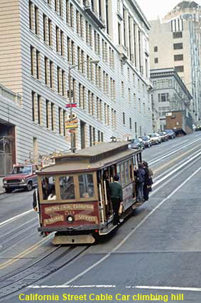 California Street Cable Car climbing hill, San Francisco, CA, USA