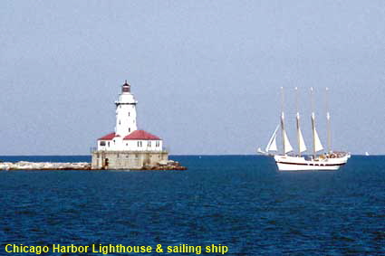Chicago Harbor Lighthouse & sailing ship, IL, USA
