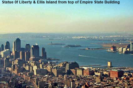 Statue 0f Liberty & Ellis Island from top of Empire State Building, NY, USA