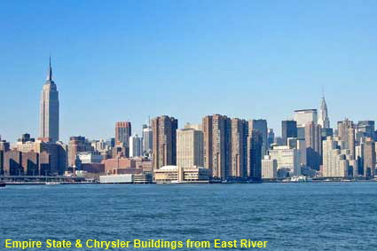 Empire State & Chrysler Buildings from East River,  New York, NY, USA