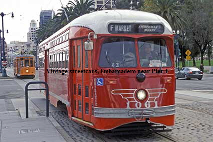  Vintage streetcars, Embarcadero near Pier 1, San Francisco, CA, USA