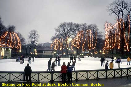 Skating on Frog Pond at dusk, Boston Common, Boston, MA, USA