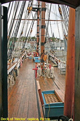  View along deck of 'Hector' replica, Pictou, NS, Canada