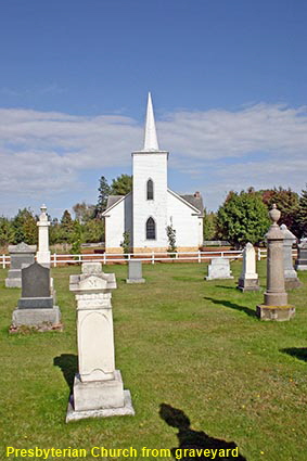 Presbyterian Church from graveyard, Orwell Corner Historic Village, PEI, Canada