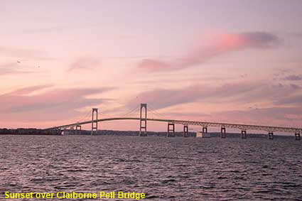 Sunset over Claiborne Pell Bridge from Hyatt Regency, Newport, RI, USA