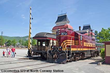  Locomotive 573 at North Conway Station, Conway Scenic Railway, NH, USA