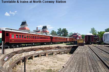  Turntable & trains at North Conway Station, Conway Scenic Railway, NH, USA