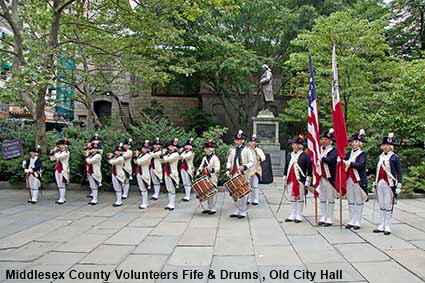 Middlesex County Volunteers Fife & Drums performing outside Old City Hall, Boston , MA, USA