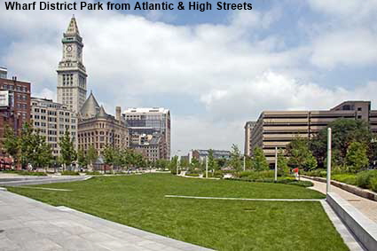 Wharf District Park from Atlantic & High Streets, Boston , MA, USA