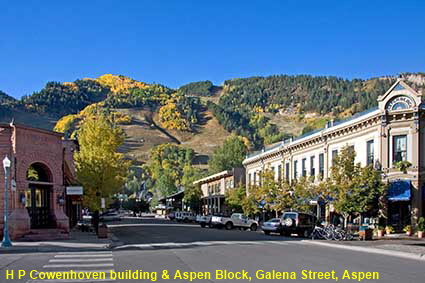 H P Cowenhoven building, Aspen Block (1886) & view up Galena Street, Aspen, CO, USA  H P Cowenhoven building, Aspen Block (1886) & view up Galena Street, Aspen, CO, USA
