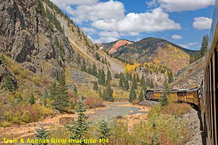 Train & Animas River near mile 494, Durango & Silverton Railroad, CO, USA  Train & Animas River near mile 494, Durango & Silverton Railroad, CO, USA