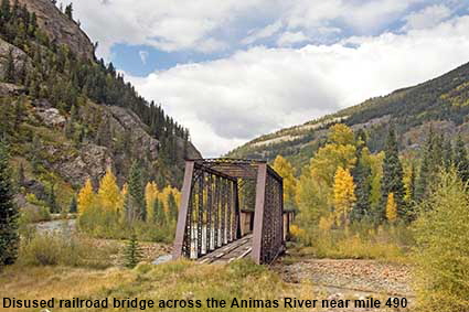 Disused railroad bridge across the Animas River near mile 490, Durango & Silverton Railroad, CO, USA Disused railroad bridge across the Animas River near mile 490, Durango & Silverton Railroad, CO, USA