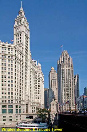 Wrigley Building & Tribune Tower from Michigan Avenue, Chicago, IL, USA