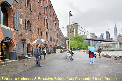 Former warehouse & Brooklyn Bridge from Plymouth Street, DUMBO, Brooklyn, New York, NY, USA